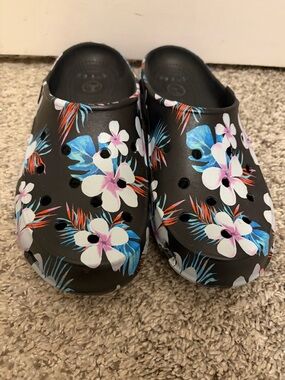 CROCS Black Floral Print Slip-On Clogs